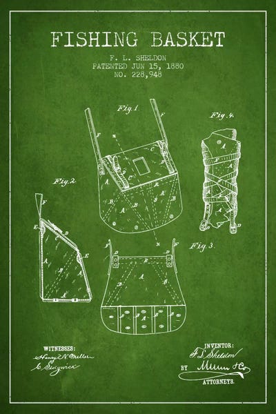 Sports Blueprints: Fishing Basket Green Patent Blueprint by Aged Pixel