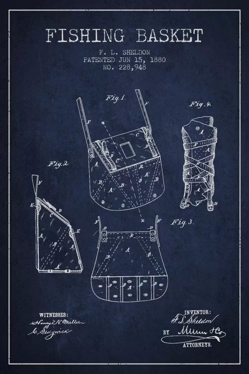 Fishing Basket Navy Blue Patent Blueprint by Aged Pixel wall art
