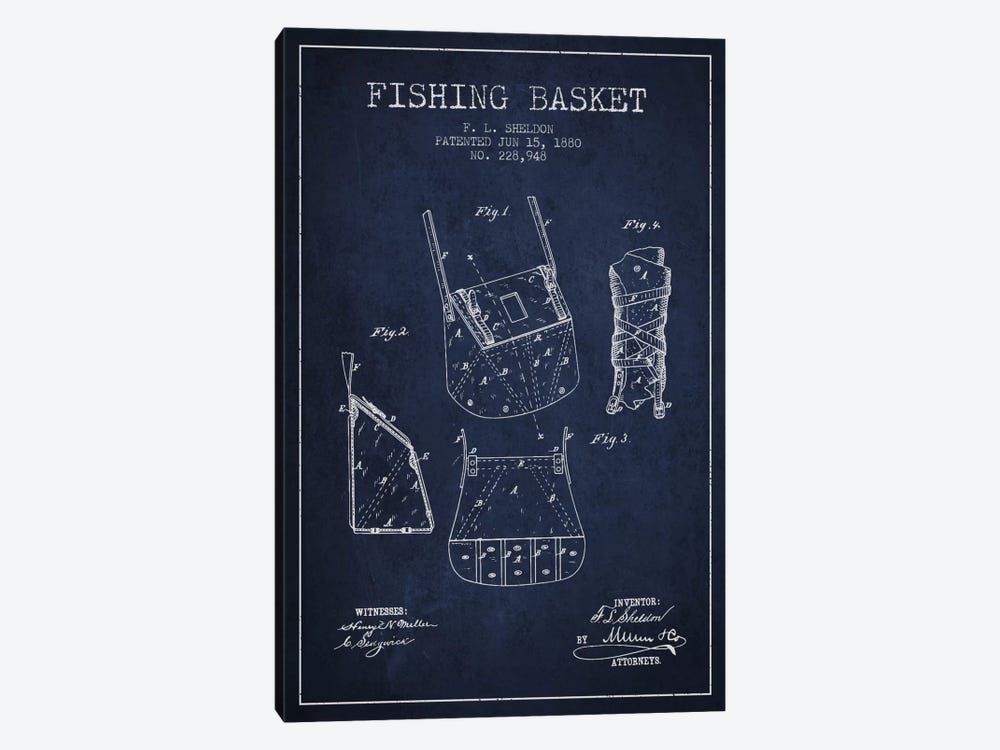 Fishing Basket Navy Blue Patent Blueprint by Aged Pixel 1-piece Canvas Print