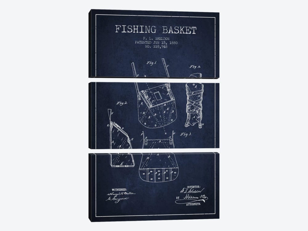 Fishing Basket Navy Blue Patent Blueprint by Aged Pixel 3-piece Canvas Print