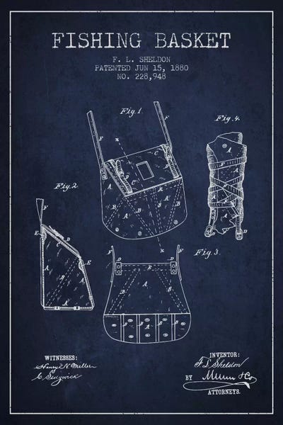 Fishing: Fishing Basket Navy Blue Patent Blueprint by Aged Pixel