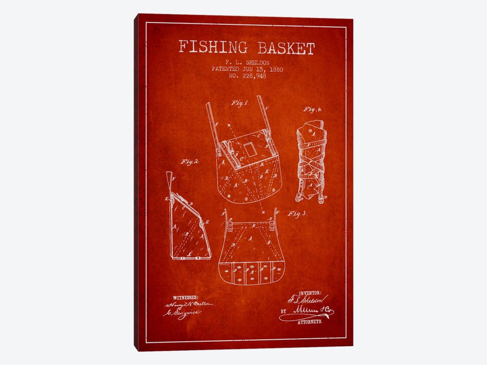Fishing Basket Red Patent Blueprint by Aged Pixel 1-piece Canvas Wall Art
