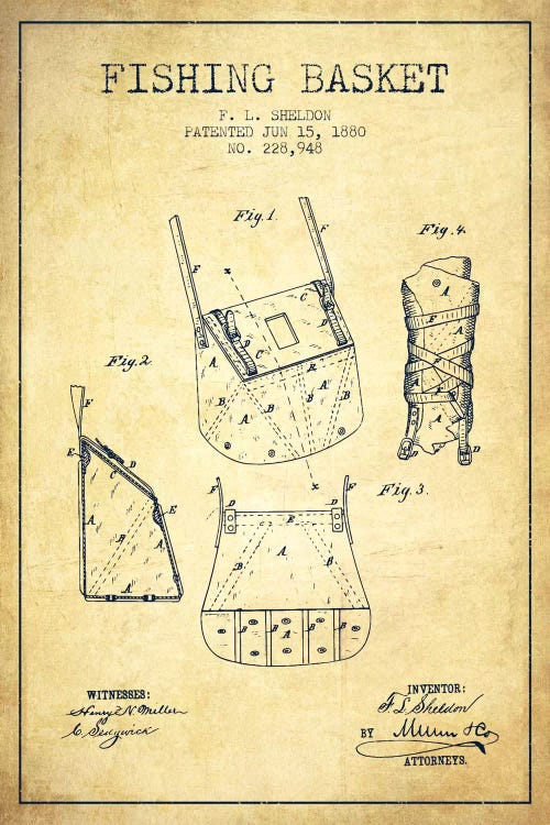 Fishing Basket Vintage Patent Blueprint by Aged Pixel wall art