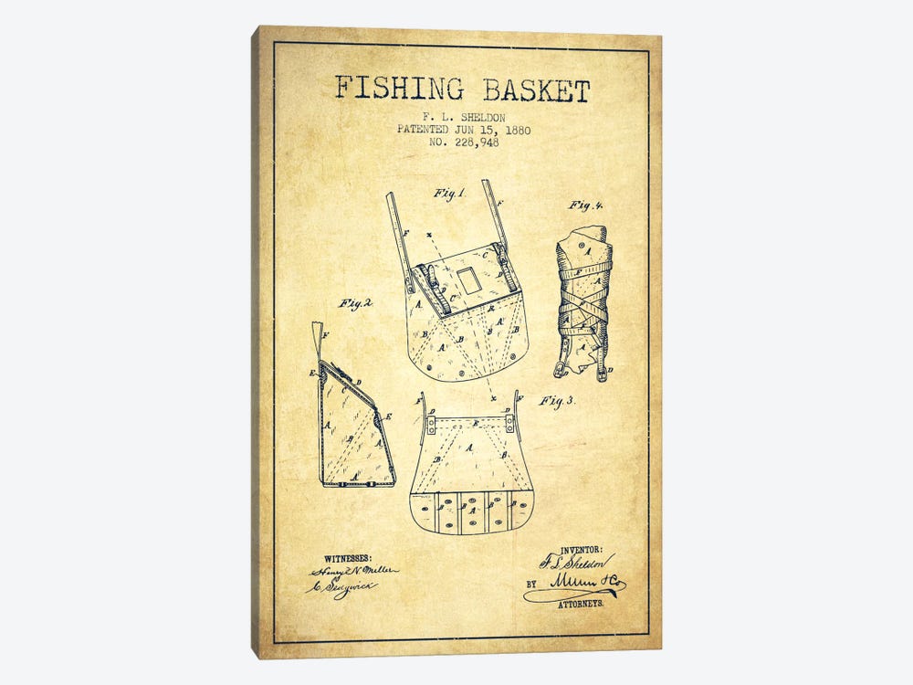 Fishing Basket Vintage Patent Blueprint by Aged Pixel 1-piece Canvas Art Print