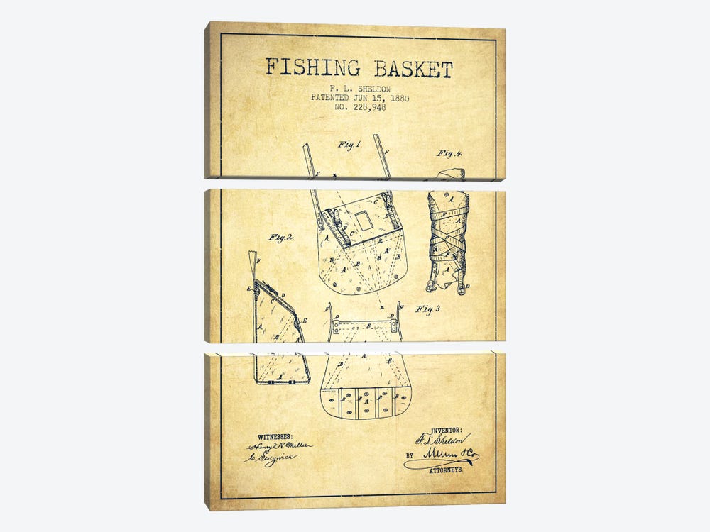 Fishing Basket Vintage Patent Blueprint by Aged Pixel 3-piece Art Print