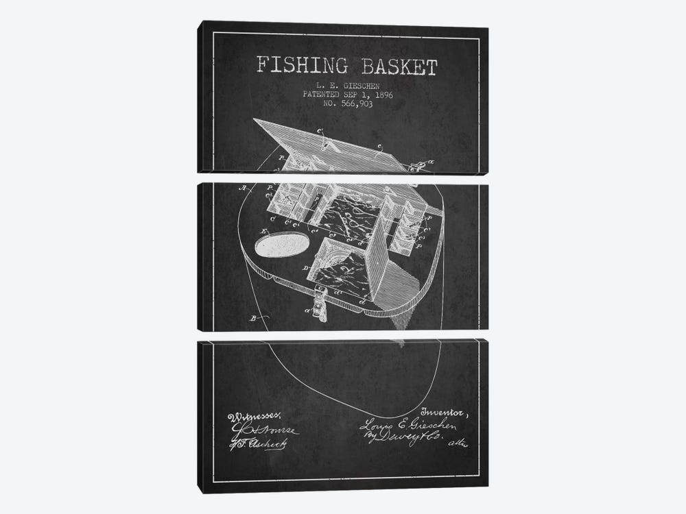 Fishing Basket Charcoal Patent Blueprint by Aged Pixel 3-piece Canvas Wall Art