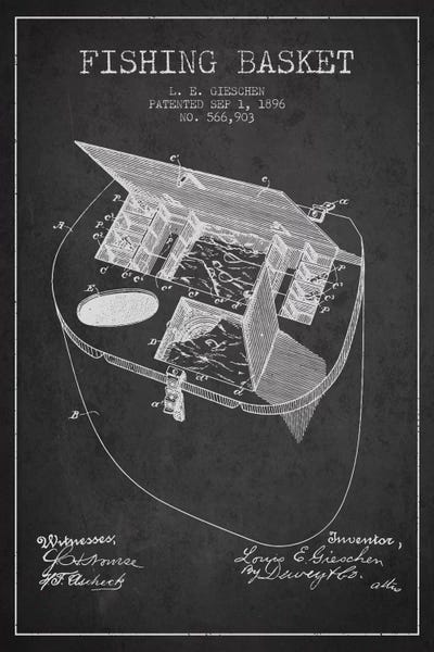 Sports Blueprints: Fishing Basket Charcoal Patent Blueprint by Aged Pixel