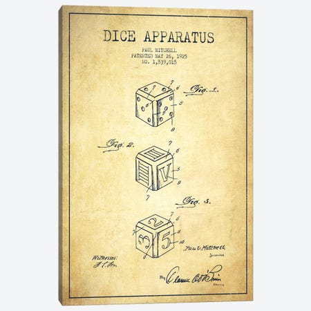 Dice Vintage Patent Blueprint Canvas Print #ADP120} by Aged Pixel Canvas Wall Art