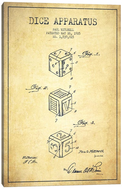 Dice Vintage Patent Blueprint Canvas Art Print - Gambling Art
