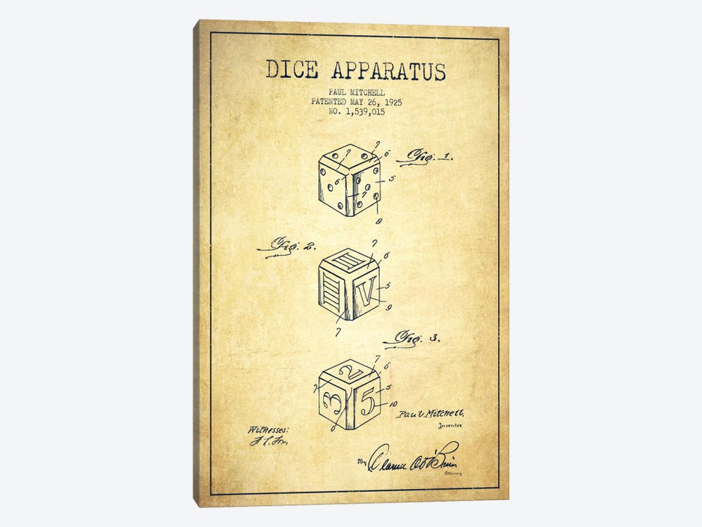 Dice Vintage Patent Blueprint by Aged Pixel 1-piece Canvas Artwork