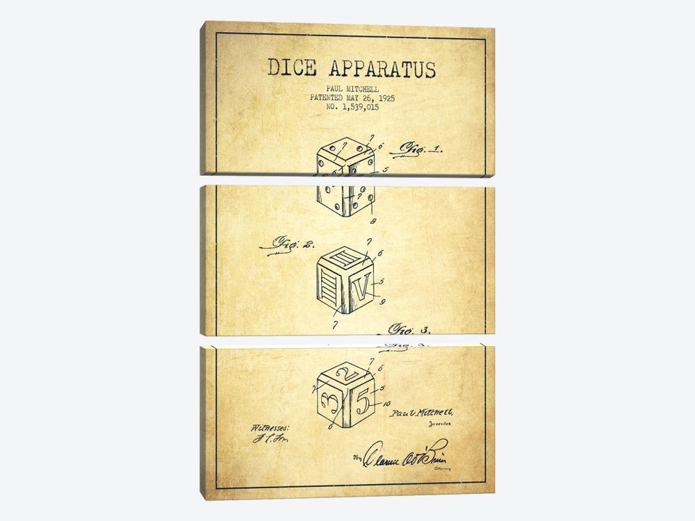 Dice Vintage Patent Blueprint by Aged Pixel 3-piece Canvas Artwork