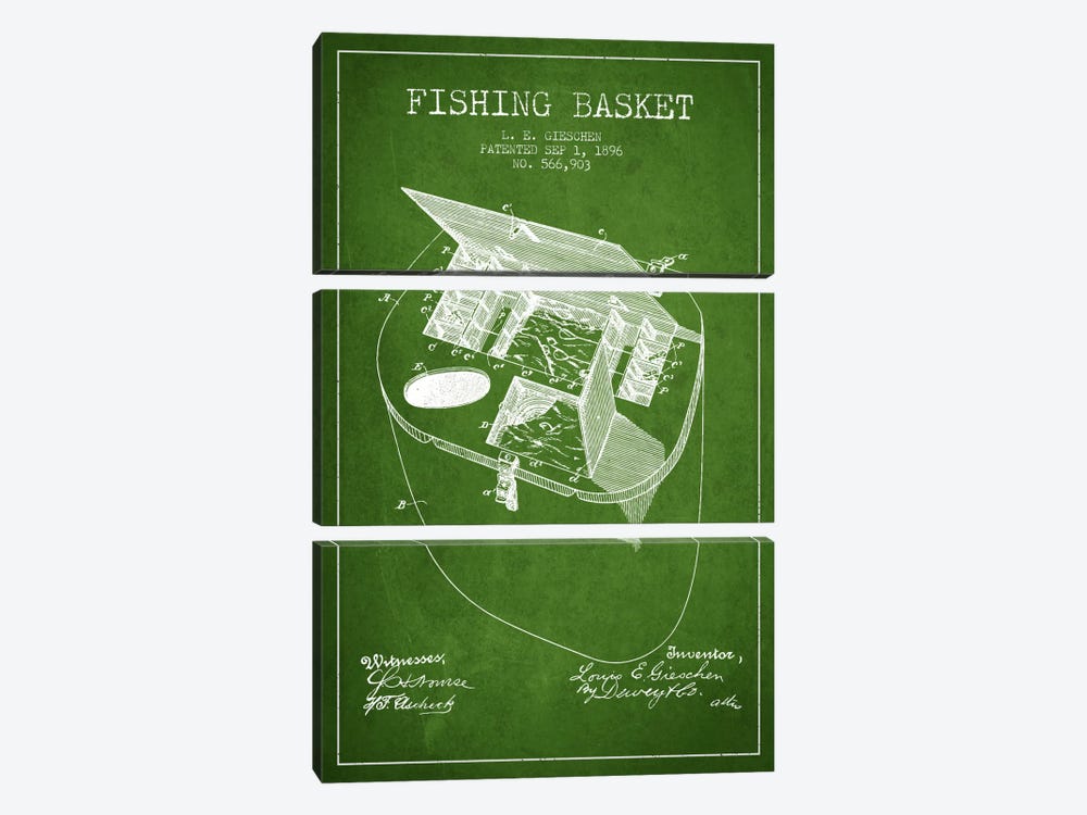 Fishing Basket Green Patent Blueprint by Aged Pixel 3-piece Canvas Wall Art