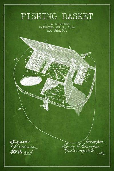 Sports Blueprints: Fishing Basket Green Patent Blueprint by Aged Pixel