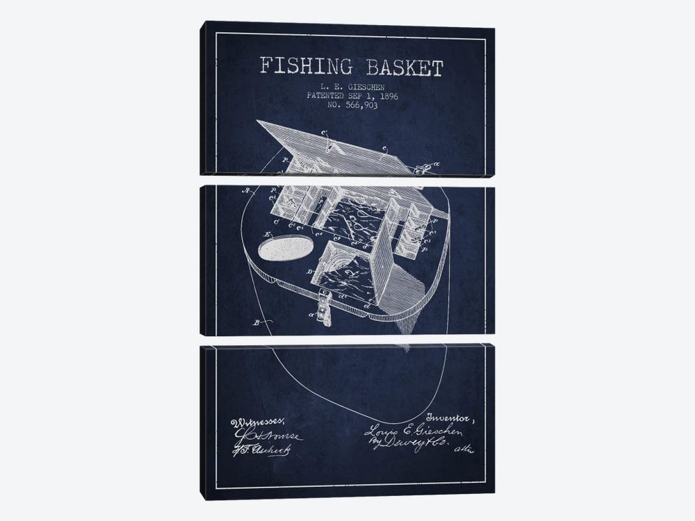 Fishing Basket Navy Blue Patent Blueprint by Aged Pixel 3-piece Canvas Art Print