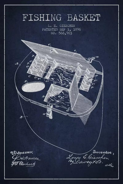 Fishing: Fishing Basket Navy Blue Patent Blueprint by Aged Pixel
