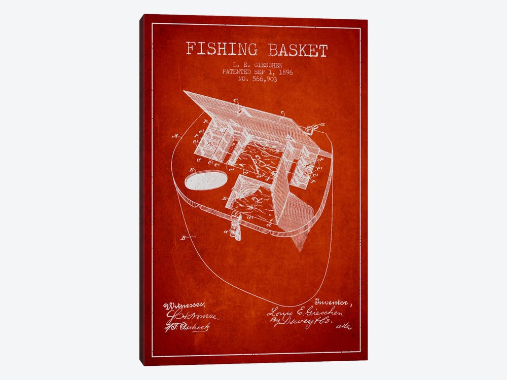 Fishing Basket Red Patent Blueprint by Aged Pixel 1-piece Canvas Art