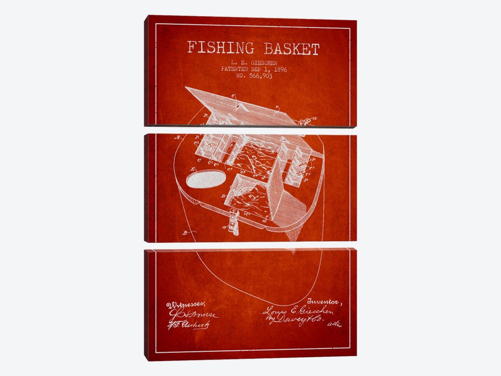 Fishing Basket Red Patent Blueprint by Aged Pixel 3-piece Canvas Artwork