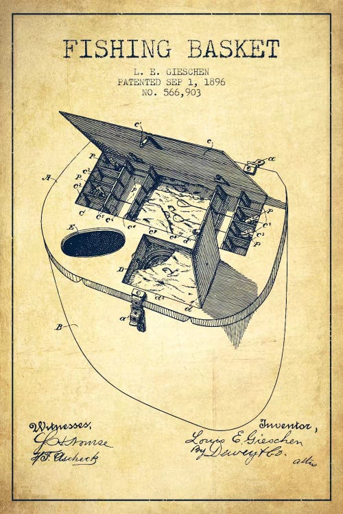 Fishing Basket Vintage Patent Blueprint by Aged Pixel wall art
