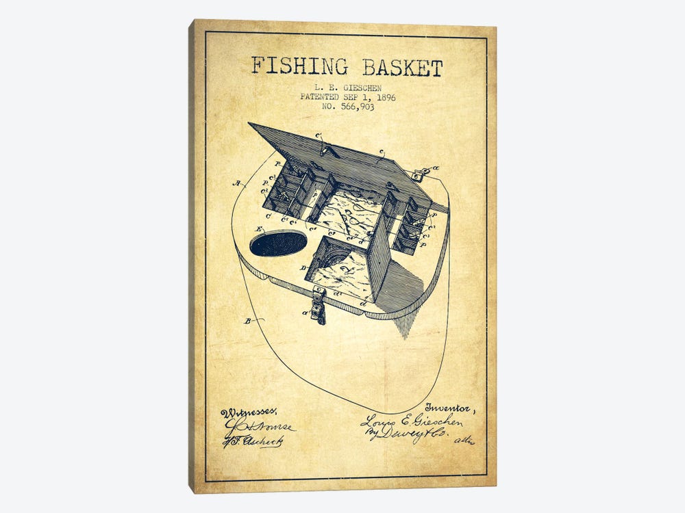 Fishing Basket Vintage Patent Blueprint by Aged Pixel 1-piece Canvas Print