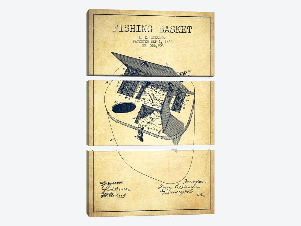 Fishing Basket Vintage Patent Blueprint by Aged Pixel 3-piece Canvas Art Print