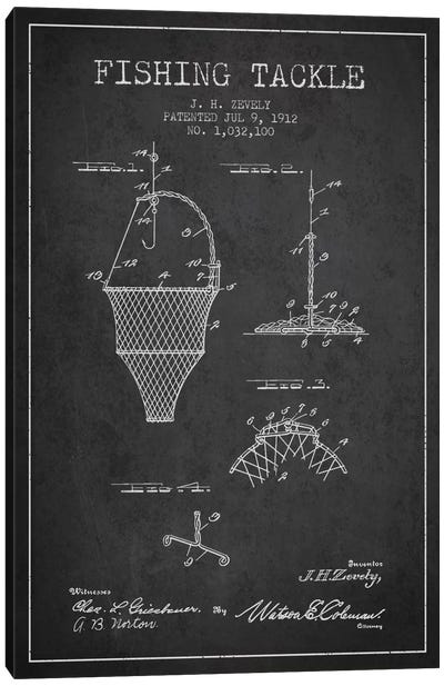 Fishing Tackle Charcoal Patent Blueprint Canvas Art Print - Aged Pixel: Sports