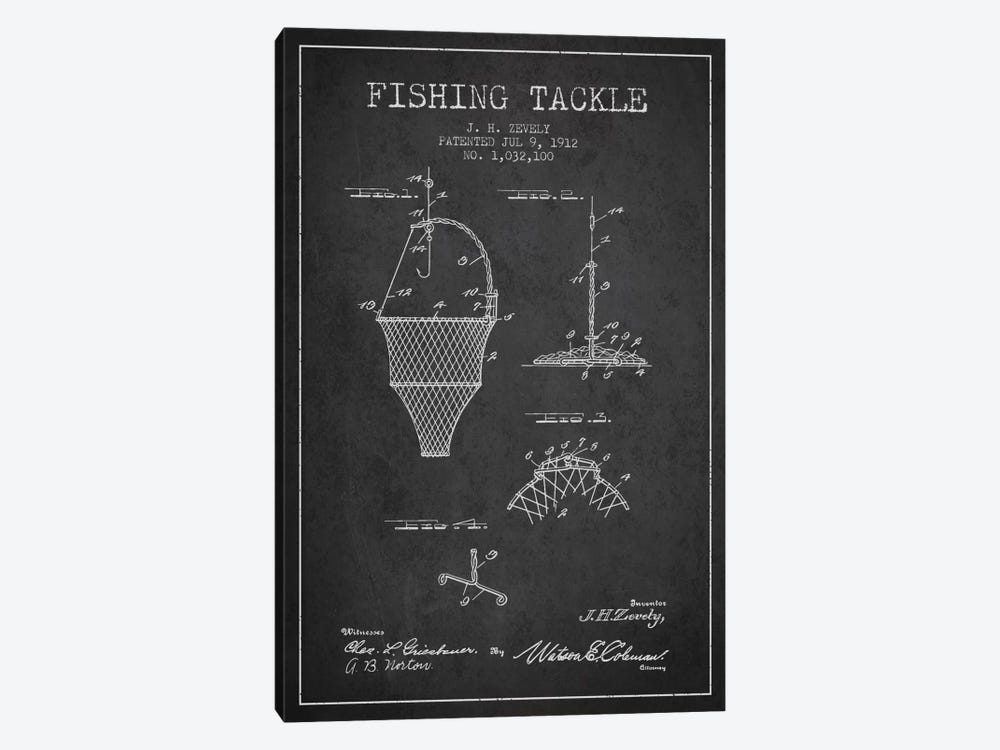 Fishing Tackle Charcoal Patent Blueprint by Aged Pixel 1-piece Canvas Wall Art
