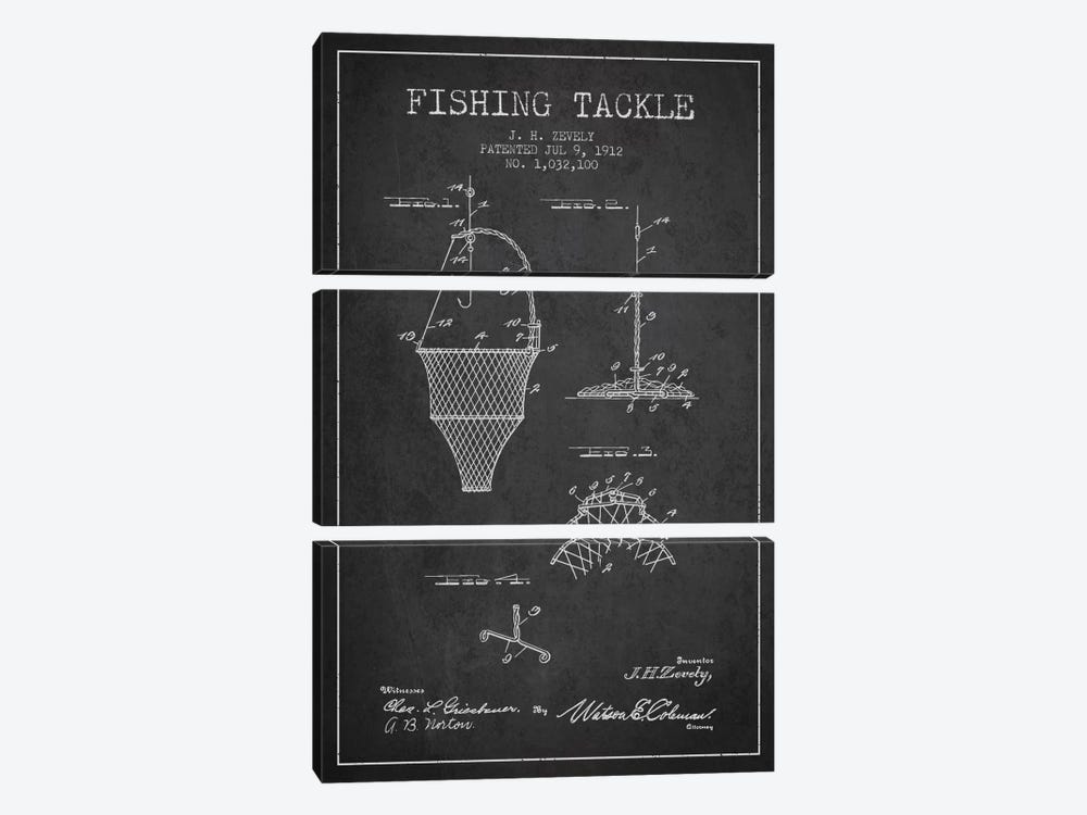 Fishing Tackle Charcoal Patent Blueprint by Aged Pixel 3-piece Canvas Wall Art