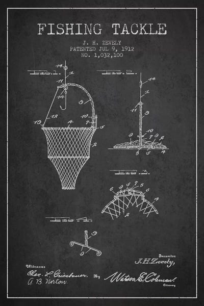 Sports Blueprints: Fishing Tackle Charcoal Patent Blueprint by Aged Pixel