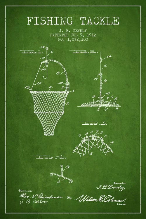 Fishing Tackle Green Patent Blueprint by Aged Pixel wall art