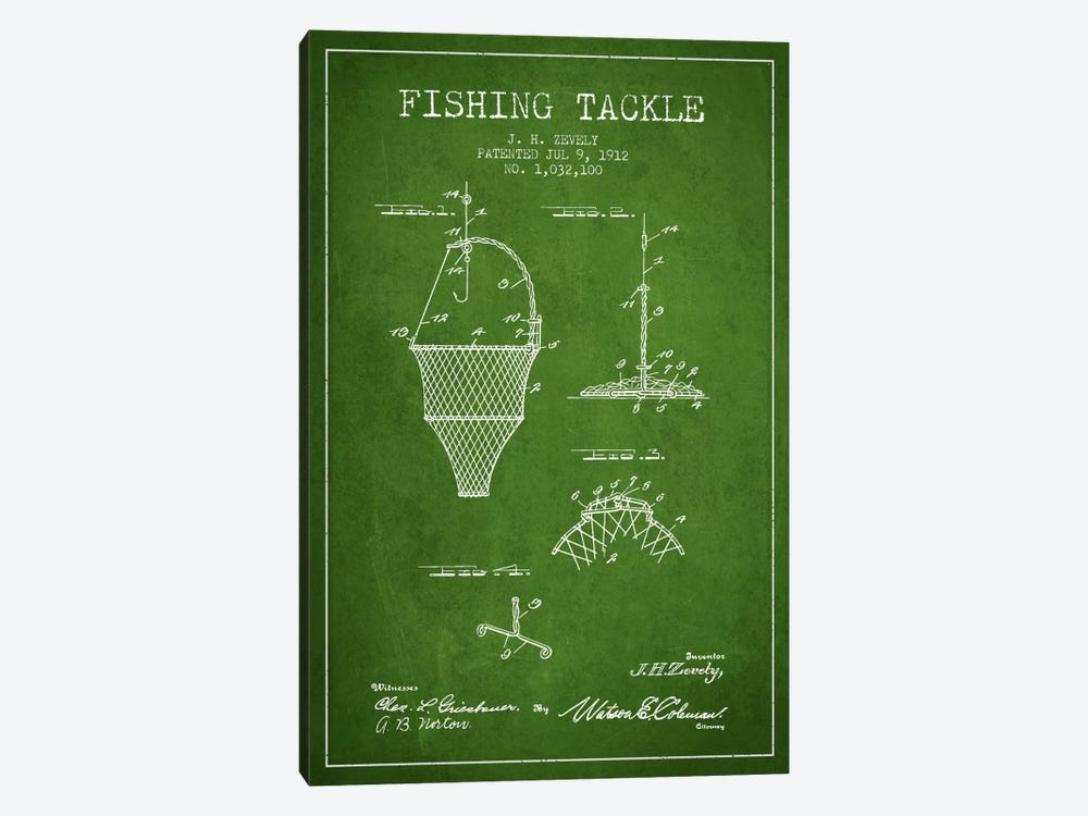 Fishing Tackle Green Patent Blueprint by Aged Pixel 1-piece Canvas Art Print