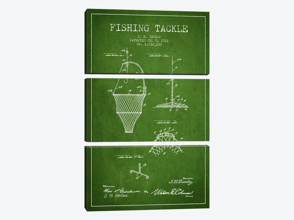 Fishing Tackle Green Patent Blueprint by Aged Pixel 3-piece Canvas Print