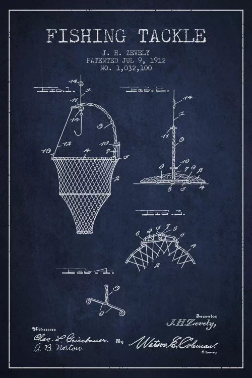 Fishing Tackle Navy Blue Patent Blueprint by Aged Pixel wall art
