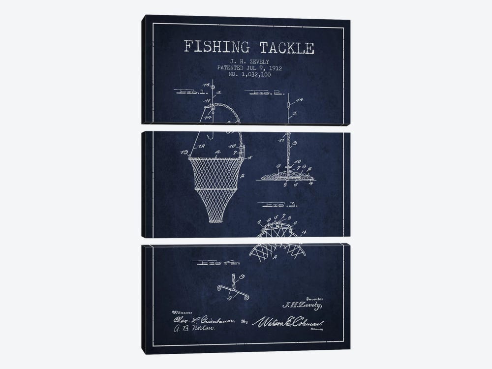 Fishing Tackle Navy Blue Patent Blueprint by Aged Pixel 3-piece Canvas Wall Art