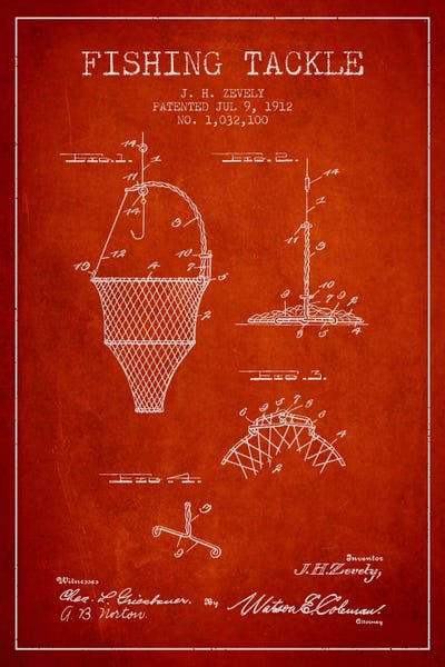 Fishing: Fishing Tackle Red Patent Blueprint by Aged Pixel