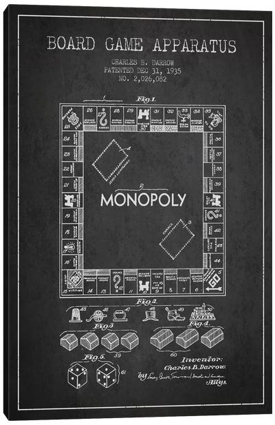 Monopoly Charcoal Patent Blueprint Canvas Art Print - Cards & Board Games