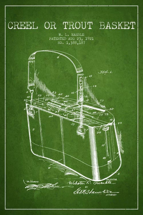 Fishing Basket Green Patent Blueprint by Aged Pixel wall art