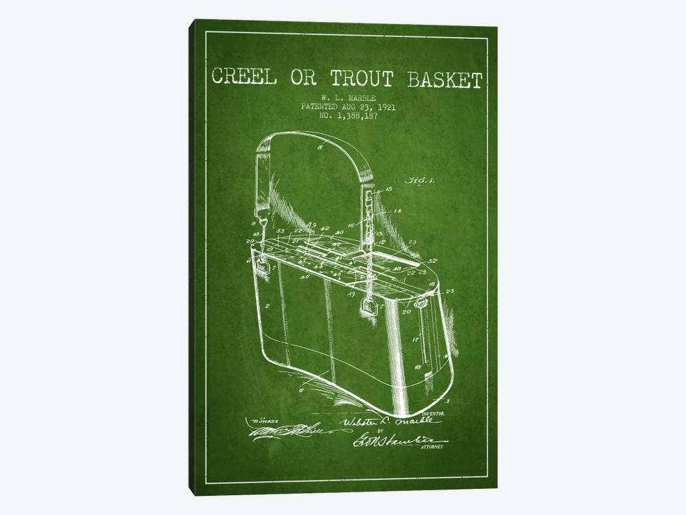 Fishing Basket Green Patent Blueprint by Aged Pixel 1-piece Canvas Print