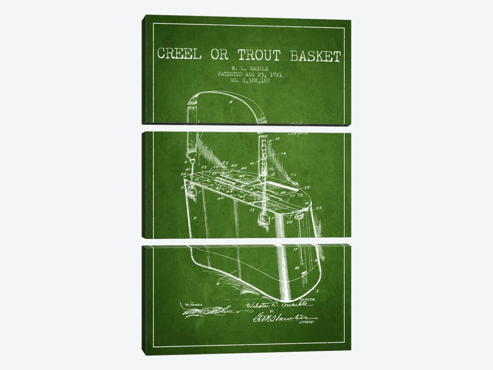 Fishing Basket Green Patent Blueprint by Aged Pixel 3-piece Canvas Print