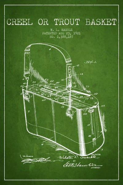 Fishing: Fishing Basket Green Patent Blueprint by Aged Pixel