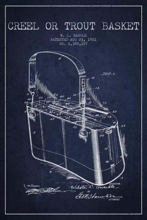 Fishing Basket Navy Blue Patent Blueprint by Aged Pixel wall art