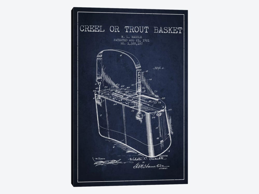Fishing Basket Navy Blue Patent Blueprint by Aged Pixel 1-piece Canvas Artwork