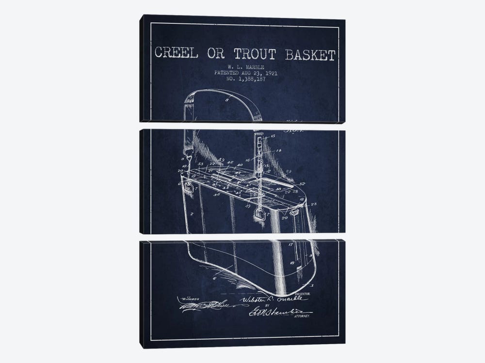 Fishing Basket Navy Blue Patent Blueprint by Aged Pixel 3-piece Canvas Artwork