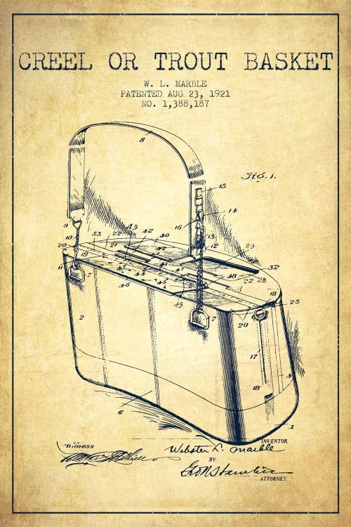 Fishing Basket Vintage Patent Blueprint by Aged Pixel wall art