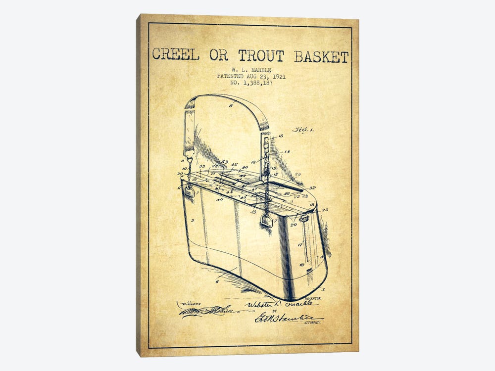 Fishing Basket Vintage Patent Blueprint by Aged Pixel 1-piece Canvas Art