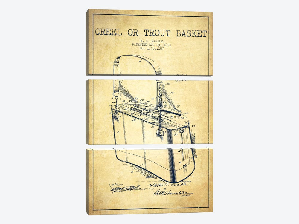 Fishing Basket Vintage Patent Blueprint by Aged Pixel 3-piece Canvas Wall Art