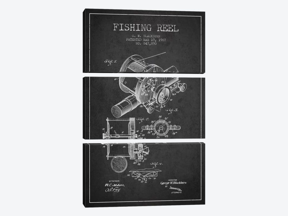 Fishing Reel Charcoal Patent Blueprint by Aged Pixel 3-piece Canvas Print