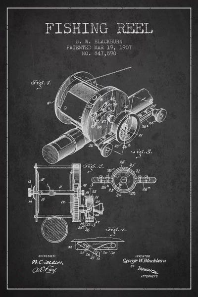 Sports Blueprints: Fishing Reel Charcoal Patent Blueprint by Aged Pixel