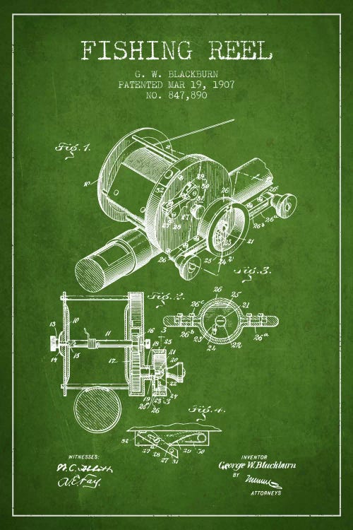 Fishing Reel Green Patent Blueprint