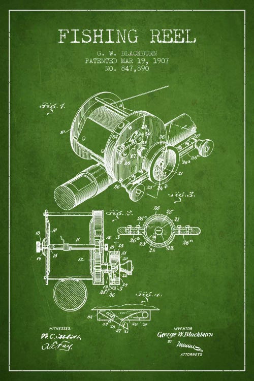 Fishing Reel Green Patent Blueprint by Aged Pixel wall art