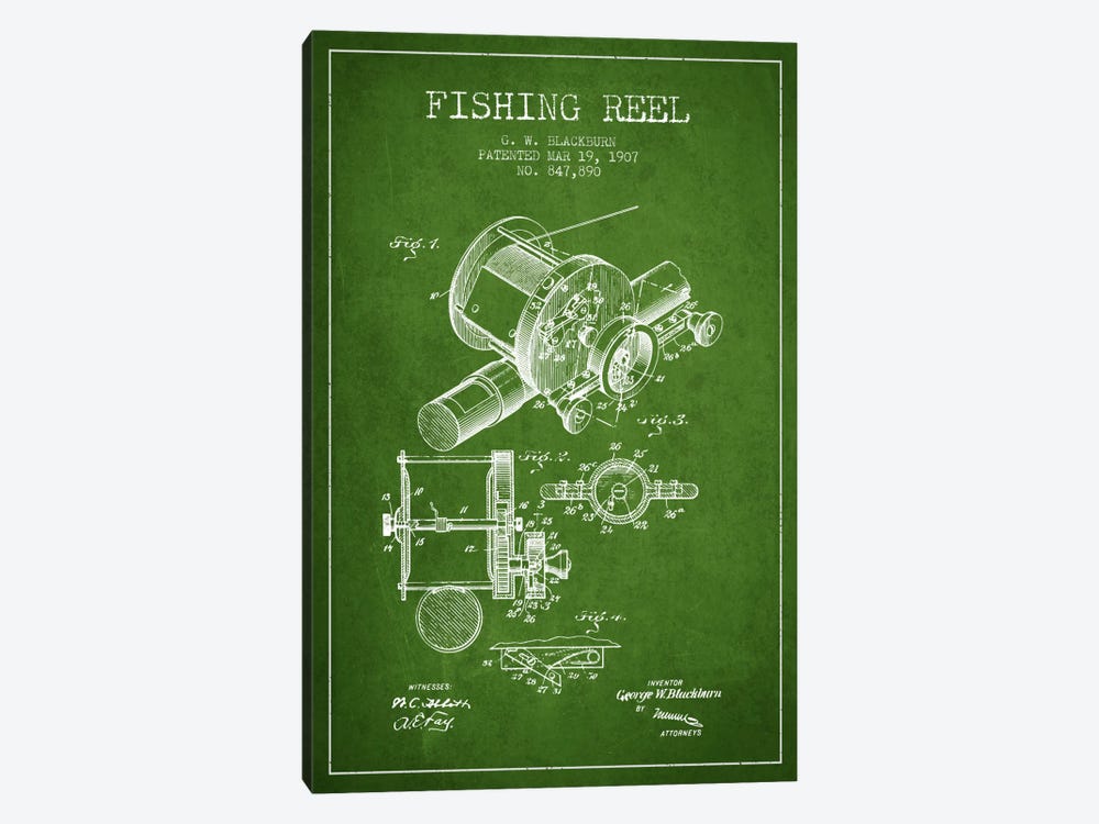 Fishing Reel Green Patent Blueprint by Aged Pixel 1-piece Canvas Wall Art
